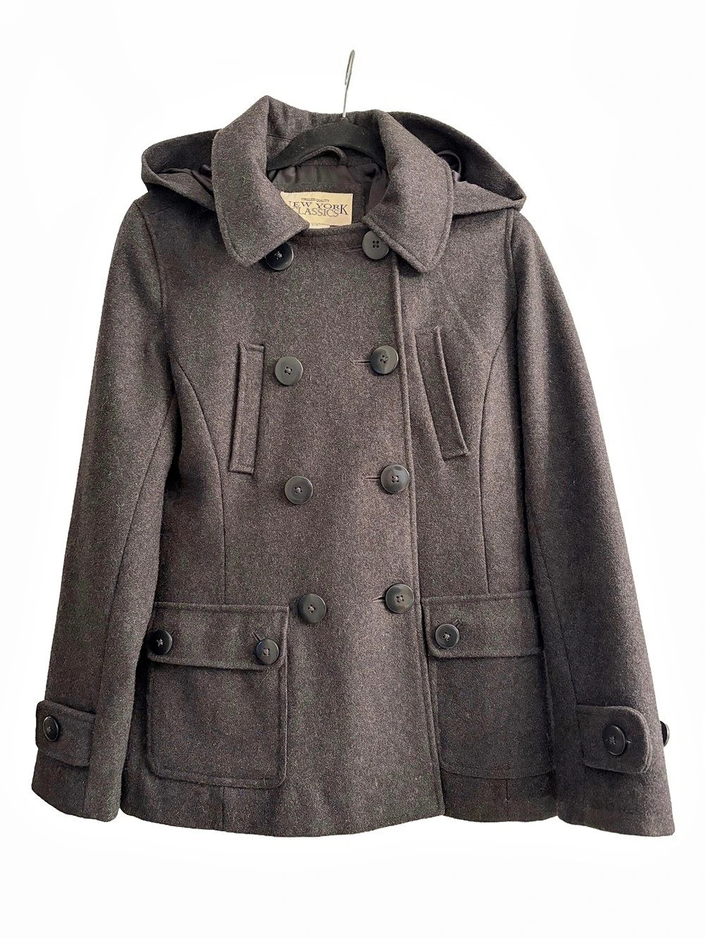 New York Classics Wool Blend Gray Hooded Pea Coat Size Small